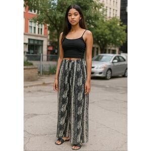 Qed London Womens XS Herringbone Boho Palazzo Pants Black Wide Leg Patterned